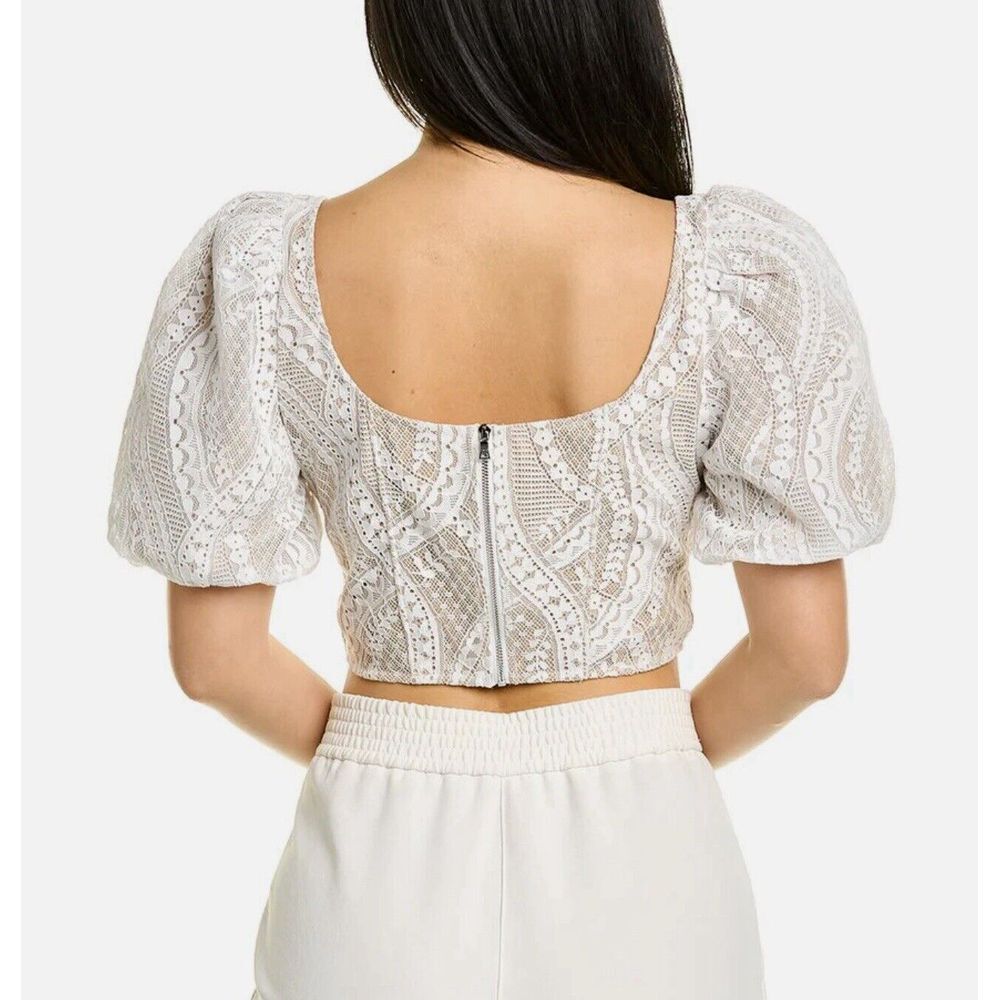 Saylor Jenni Top Blouse Cropped White Beige Lace Zip Puff‎ Sleeve M Retail $253 - Picture 4 of 11